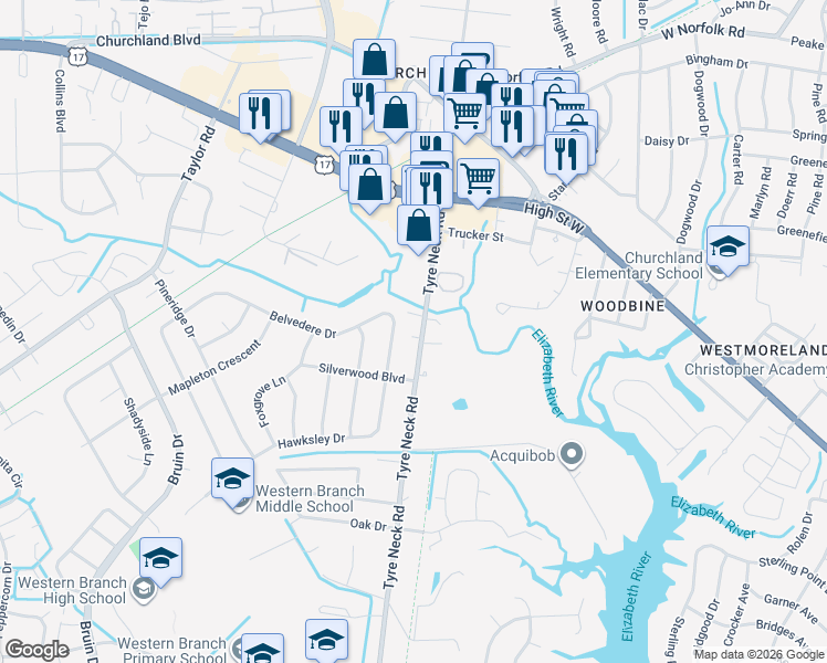 map of restaurants, bars, coffee shops, grocery stores, and more near 3316 Tyre Neck Road in Chesapeake