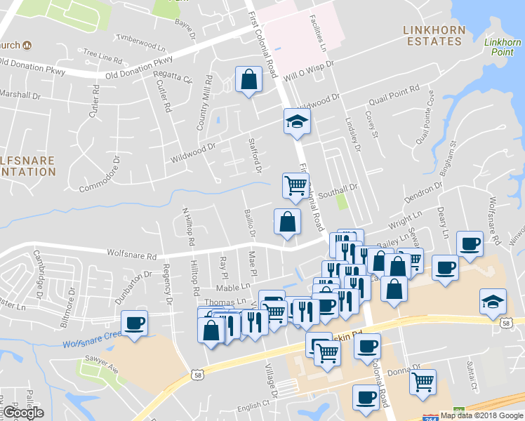 map of restaurants, bars, coffee shops, grocery stores, and more near 1813 Michael Court in Virginia Beach