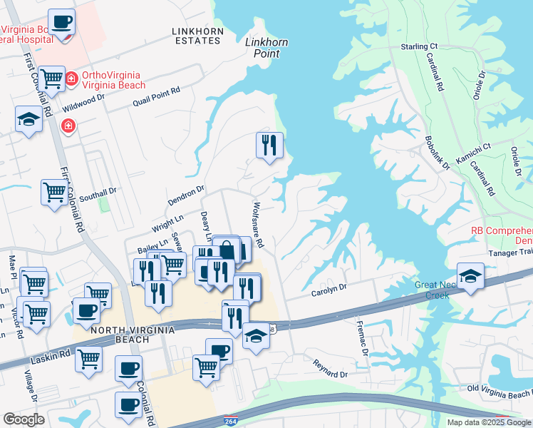 map of restaurants, bars, coffee shops, grocery stores, and more near 1522 Wolfsnare Road in Virginia Beach