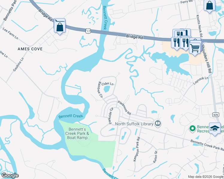 map of restaurants, bars, coffee shops, grocery stores, and more near 3467 Raintree Circle in Suffolk