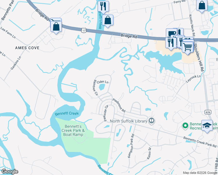map of restaurants, bars, coffee shops, grocery stores, and more near 3467 Raintree Circle in Suffolk