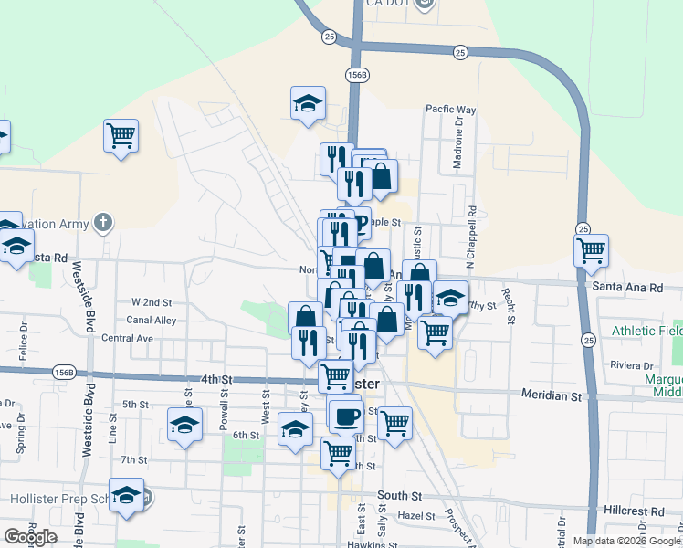 map of restaurants, bars, coffee shops, grocery stores, and more near 4 San Benito Street in Hollister
