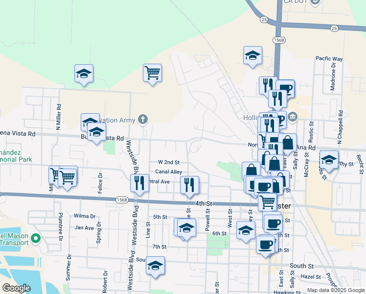 map of restaurants, bars, coffee shops, grocery stores, and more near 31 Acacia Court in Hollister