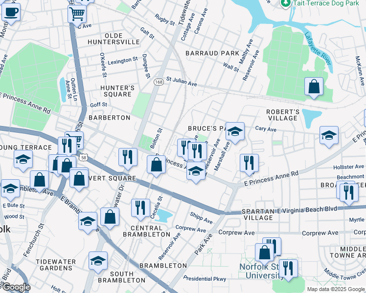 map of restaurants, bars, coffee shops, grocery stores, and more near 1245 Hanson Avenue in Norfolk
