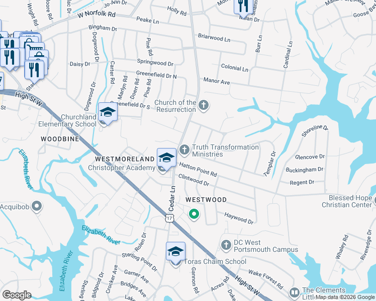 map of restaurants, bars, coffee shops, grocery stores, and more near 3401 Freemason Drive in Portsmouth