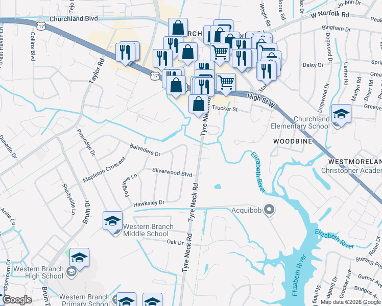 map of restaurants, bars, coffee shops, grocery stores, and more near 3316 Tyre Neck Road in Chesapeake