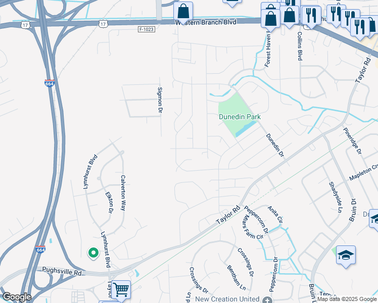 map of restaurants, bars, coffee shops, grocery stores, and more near 3336 Kinsington Drive in Chesapeake