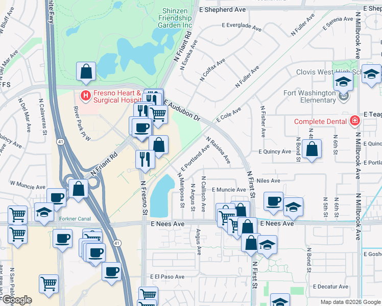 map of restaurants, bars, coffee shops, grocery stores, and more near 203 East Cole Avenue in Fresno
