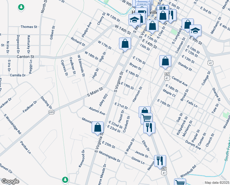 map of restaurants, bars, coffee shops, grocery stores, and more near South Virginia Street in Hopkinsville
