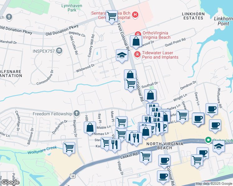 map of restaurants, bars, coffee shops, grocery stores, and more near 1813 Michael Court in Virginia Beach