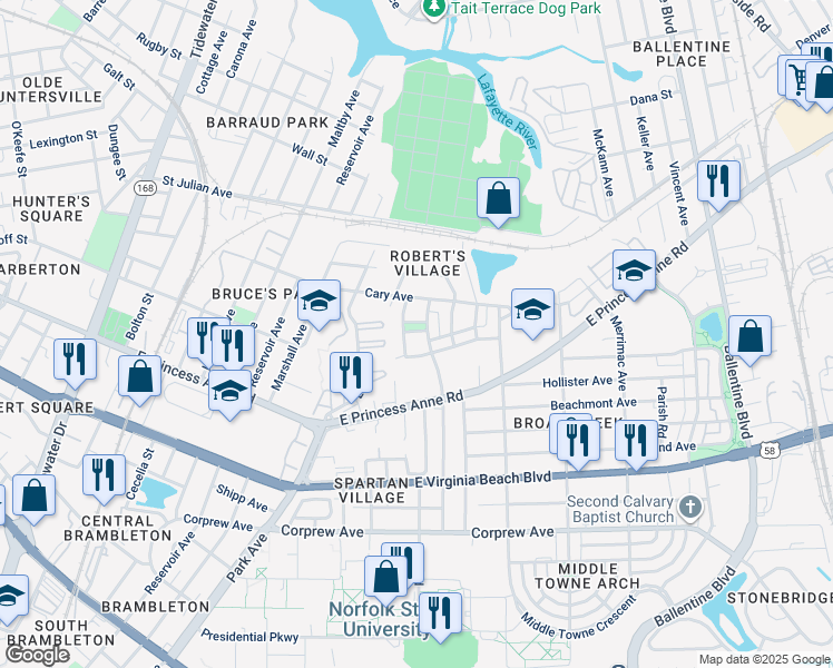 map of restaurants, bars, coffee shops, grocery stores, and more near 2451 Joseph Green Lane in Norfolk
