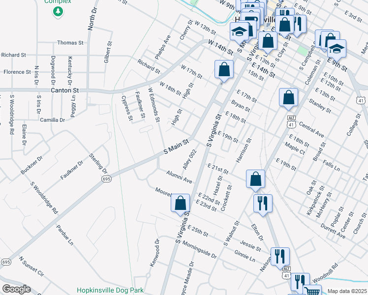 map of restaurants, bars, coffee shops, grocery stores, and more near 2012 South Main Street in Hopkinsville