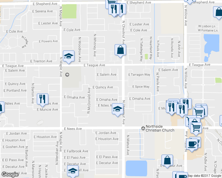 map of restaurants, bars, coffee shops, grocery stores, and more near 2373 East Quincy Avenue in Fresno