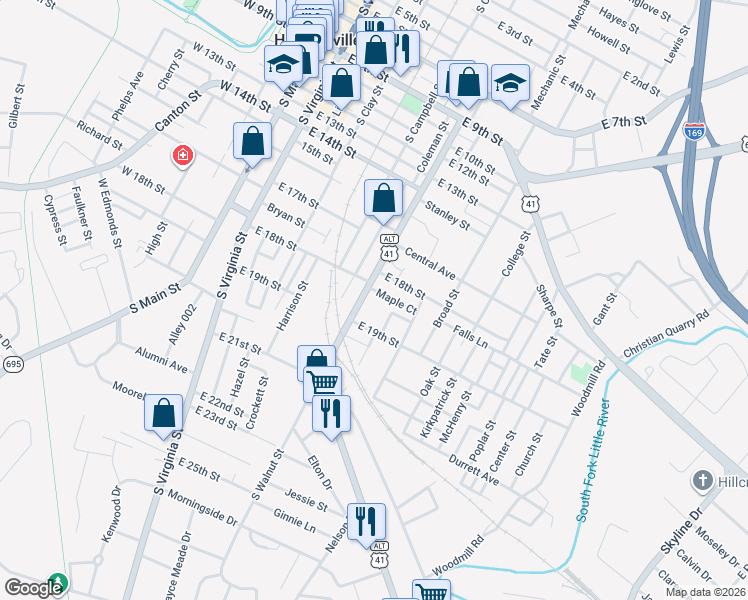 map of restaurants, bars, coffee shops, grocery stores, and more near 801 Maple Court in Hopkinsville