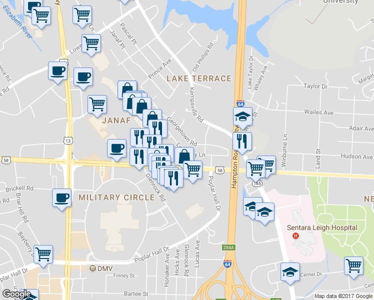 map of restaurants, bars, coffee shops, grocery stores, and more near 5976 Lockamy Lane in Norfolk