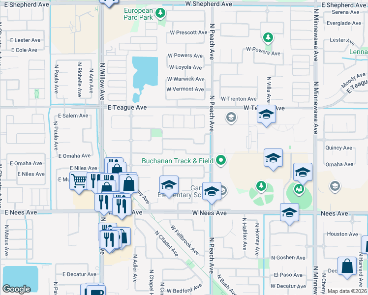 map of restaurants, bars, coffee shops, grocery stores, and more near 493 West Omaha Avenue in Clovis
