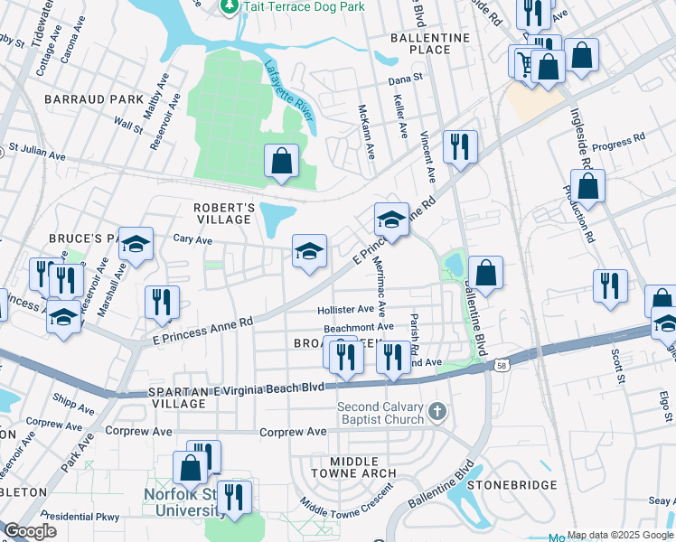 map of restaurants, bars, coffee shops, grocery stores, and more near 2810 East Princess Anne Road in Norfolk