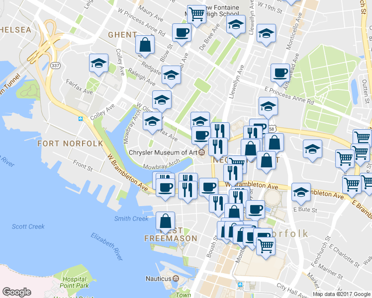 map of restaurants, bars, coffee shops, grocery stores, and more near 317 Fairfax Avenue in Norfolk