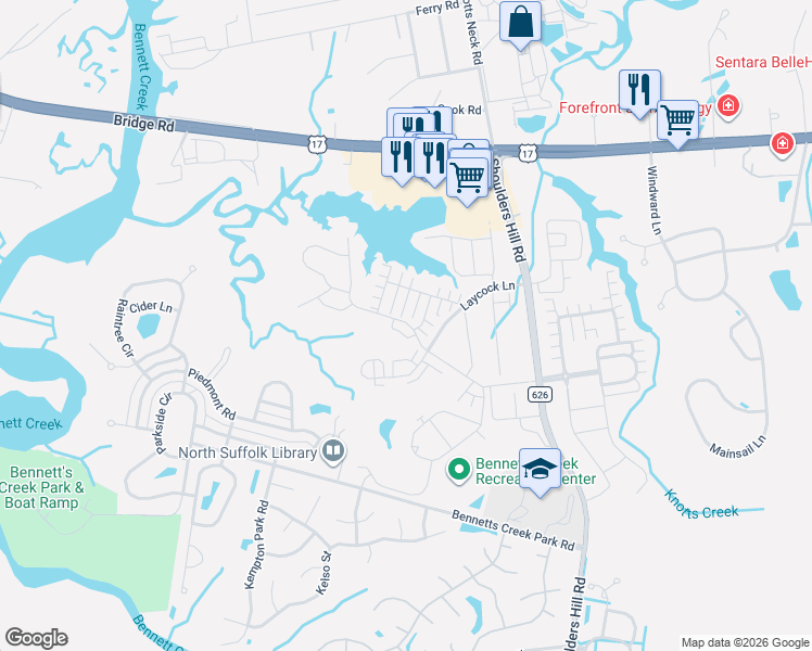 map of restaurants, bars, coffee shops, grocery stores, and more near 5543 Shoulders Hill Road in Suffolk