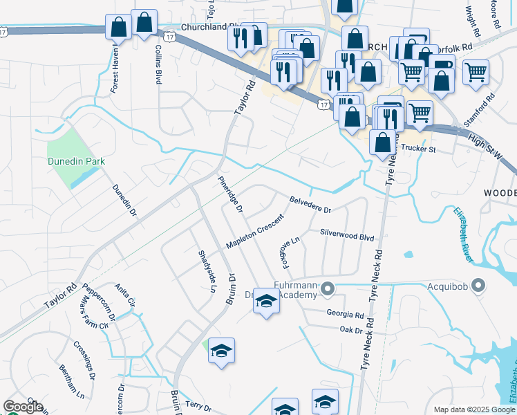map of restaurants, bars, coffee shops, grocery stores, and more near 3308 Kindlewood Crescent in Chesapeake