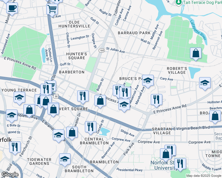 map of restaurants, bars, coffee shops, grocery stores, and more near 1235 Courtney Avenue in Norfolk