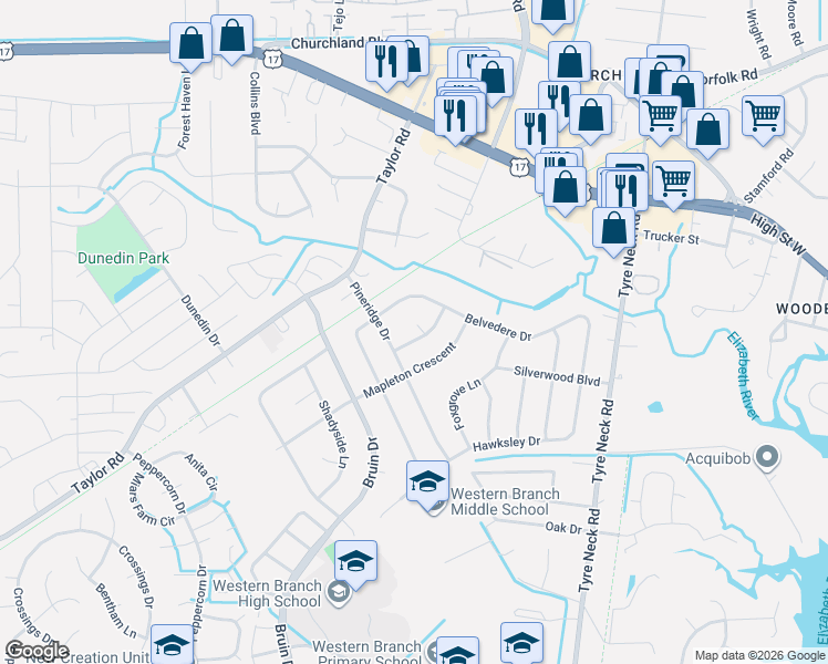 map of restaurants, bars, coffee shops, grocery stores, and more near 3308 Kindlewood Crescent in Chesapeake