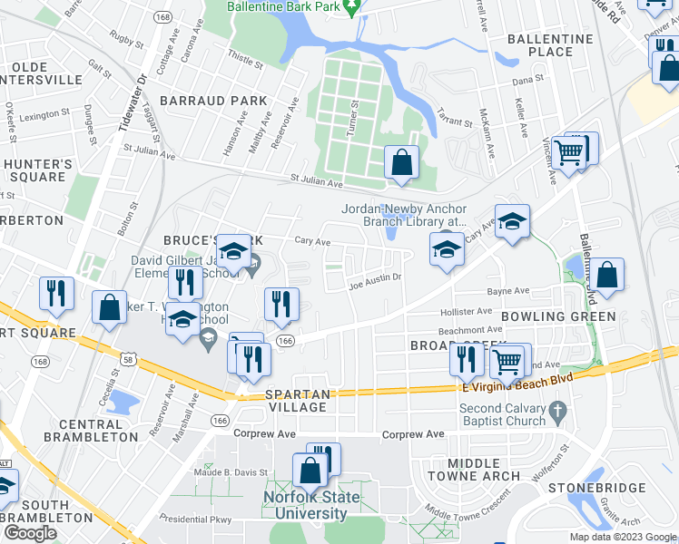 map of restaurants, bars, coffee shops, grocery stores, and more near 2451 Joseph Green Lane in Norfolk