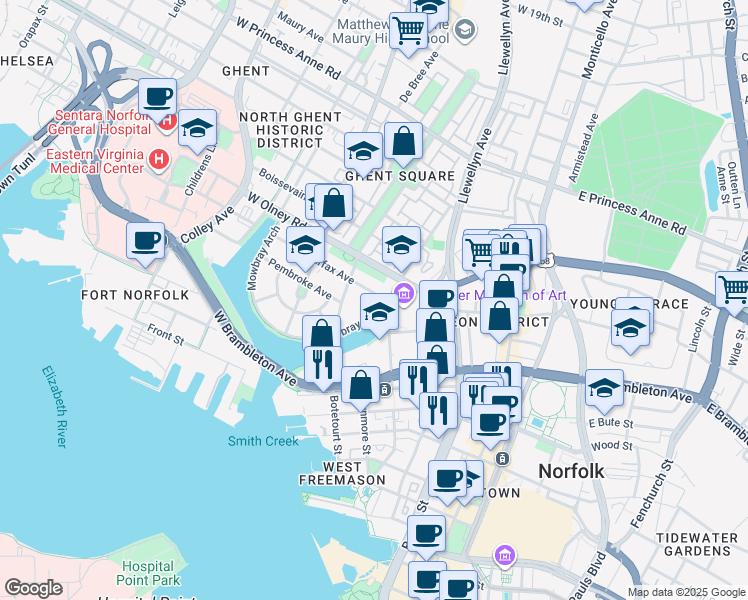 map of restaurants, bars, coffee shops, grocery stores, and more near 317 Fairfax Avenue in Norfolk