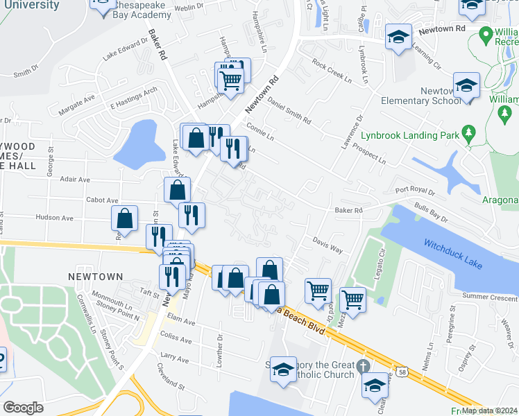 map of restaurants, bars, coffee shops, grocery stores, and more near 515 Peak Court in Virginia Beach