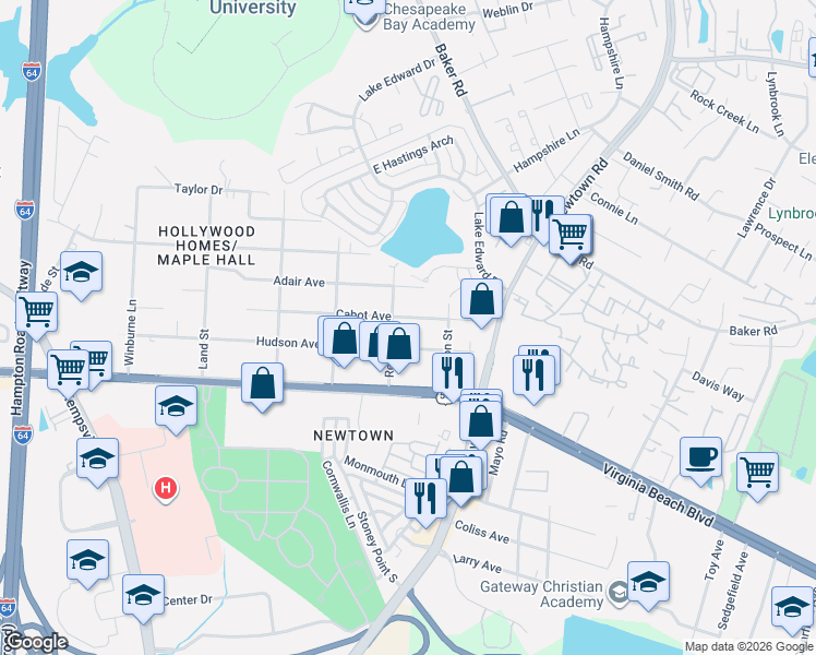 map of restaurants, bars, coffee shops, grocery stores, and more near 6613 Cabot Avenue in Norfolk
