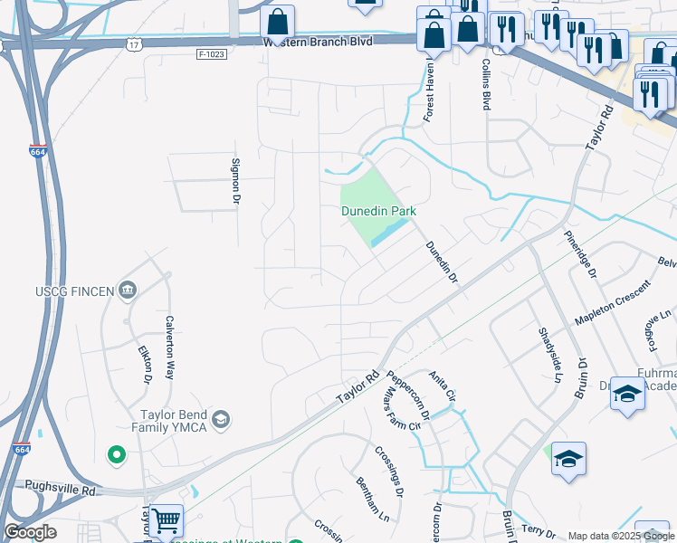 map of restaurants, bars, coffee shops, grocery stores, and more near 3305 Kinsington Dr in Chesapeake