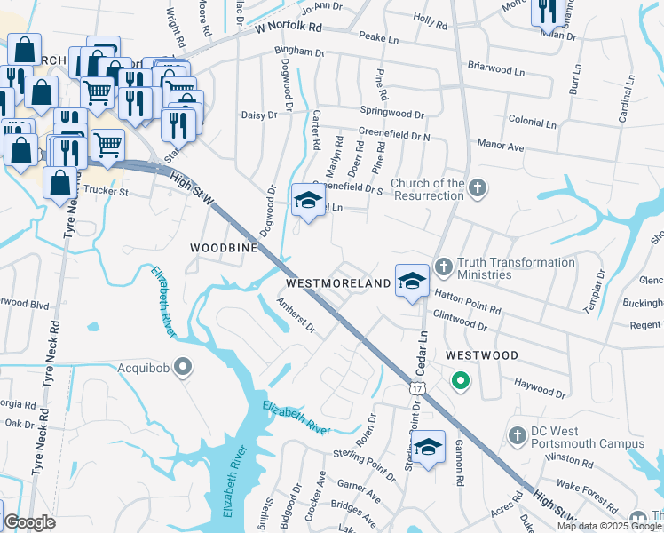 map of restaurants, bars, coffee shops, grocery stores, and more near 3336 Clover Hill Drive in Portsmouth