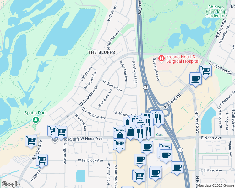 map of restaurants, bars, coffee shops, grocery stores, and more near 248 West Portland Avenue in Fresno