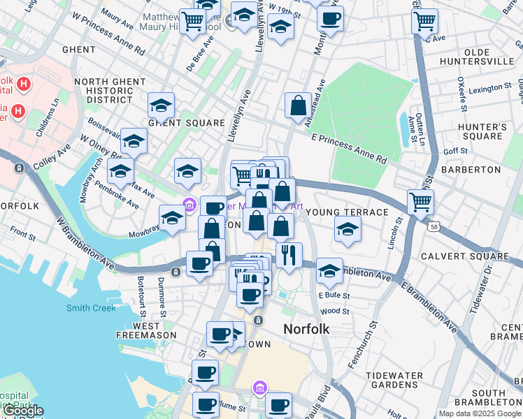 map of restaurants, bars, coffee shops, grocery stores, and more near 801 Granby Street in Norfolk
