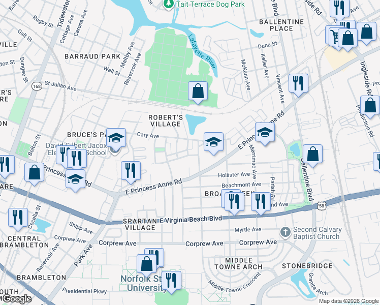 map of restaurants, bars, coffee shops, grocery stores, and more near 2580 Joe Austin Drive in Norfolk