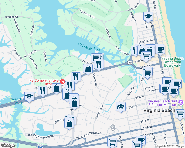 map of restaurants, bars, coffee shops, grocery stores, and more near 1017 Laskin Road in Virginia Beach