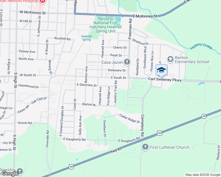 map of restaurants, bars, coffee shops, grocery stores, and more near 1304 Fox Ridge Lane in Neosho