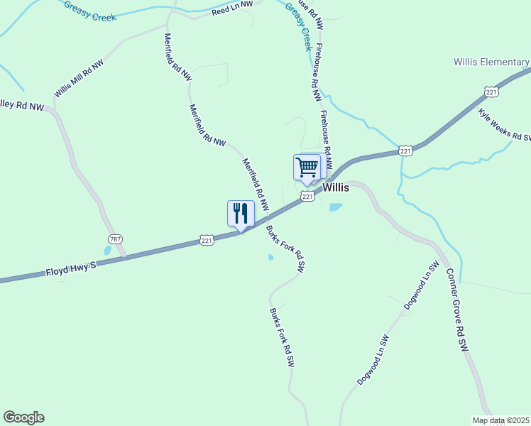 map of restaurants, bars, coffee shops, grocery stores, and more near 110 Merifield Road Northwest in Willis