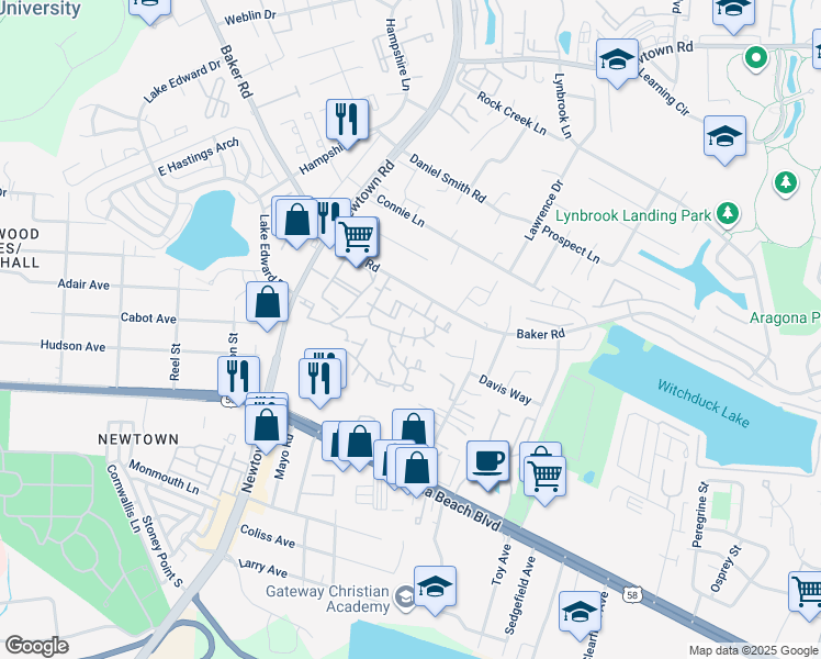 map of restaurants, bars, coffee shops, grocery stores, and more near 515 Peak Court in Virginia Beach