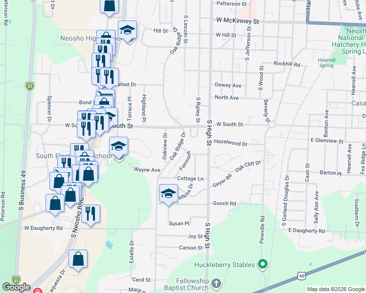 map of restaurants, bars, coffee shops, grocery stores, and more near 1211 Fairmont in Neosho