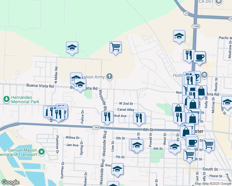map of restaurants, bars, coffee shops, grocery stores, and more near 32 Line Street in Hollister