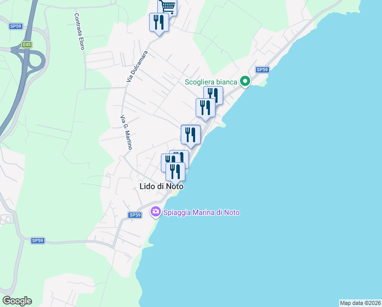 map of restaurants, bars, coffee shops, grocery stores, and more near Strada Provinciale 59 in Lido di Noto