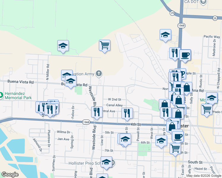 map of restaurants, bars, coffee shops, grocery stores, and more near 20 Almond Court in Hollister