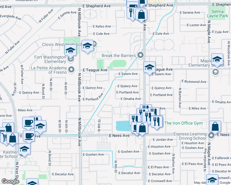 map of restaurants, bars, coffee shops, grocery stores, and more near East Portland Avenue in Fresno