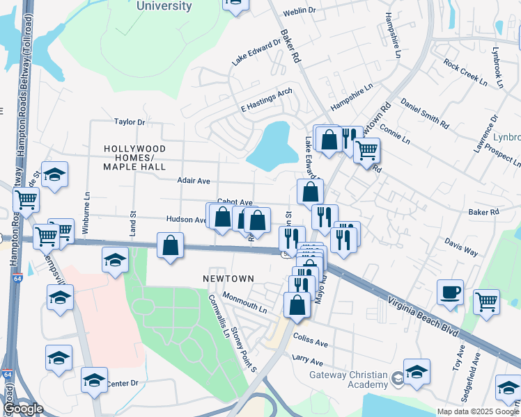 map of restaurants, bars, coffee shops, grocery stores, and more near 6609 Cabot Avenue in Norfolk