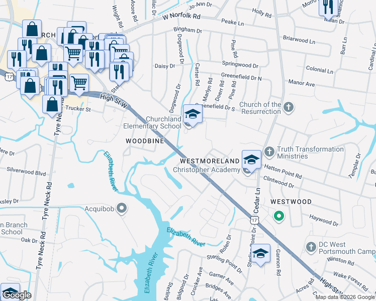 map of restaurants, bars, coffee shops, grocery stores, and more near 5300 High Street West in Portsmouth