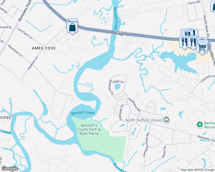 map of restaurants, bars, coffee shops, grocery stores, and more near 3418 Raintree Circle in Suffolk