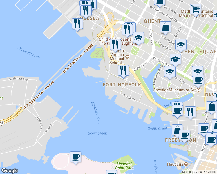 map of restaurants, bars, coffee shops, grocery stores, and more near 801 Front Street in Norfolk