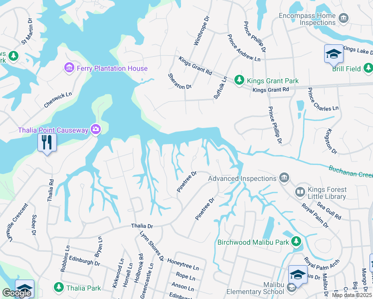 map of restaurants, bars, coffee shops, grocery stores, and more near 613 Pinetree Circle in Virginia Beach