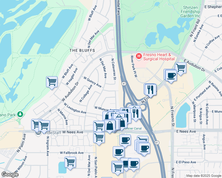 map of restaurants, bars, coffee shops, grocery stores, and more near 168 West Portland Avenue in Fresno